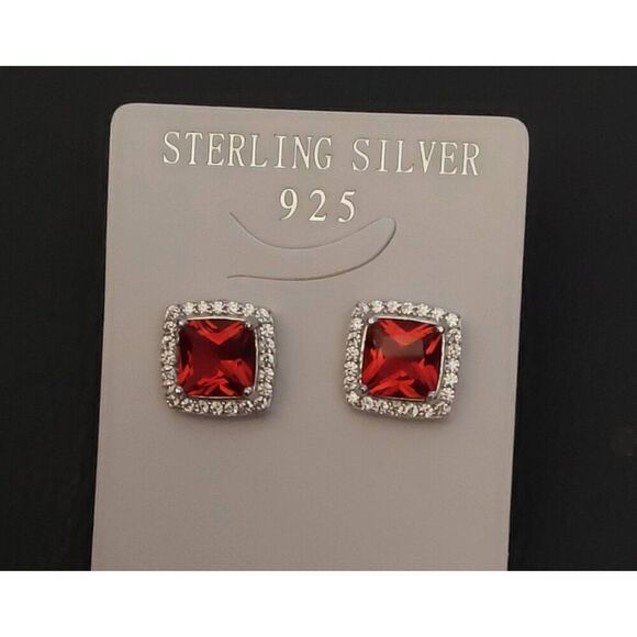 2.5 CT. Lab Ruby Cushion Cut Halo Stud Earrings~.925 Sterling Silver - Picture 1 of 4